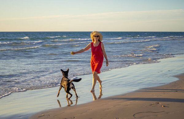 Beautiful mature retired woman and pet dog walking together on empty remote beach. In Outdoors exercise Hope and back to new normal life after Coronavirus lockdown concept.