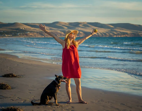 Beautiful Mature Retired Woman Pet Dog Walking Together Empty Remote — Stock Photo, Image