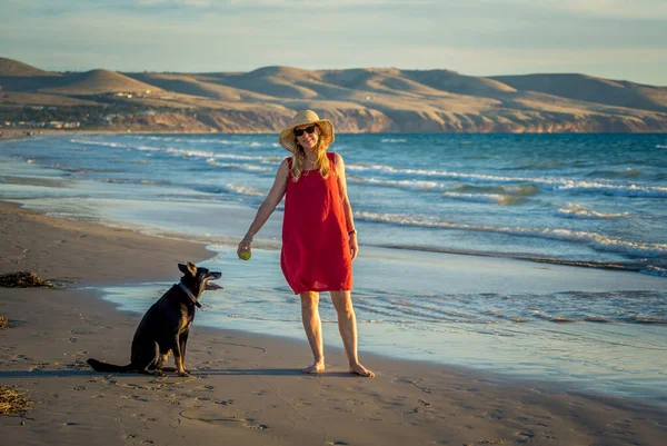 Güzel, olgun, emekli bir kadın ve evcil bir köpek boş kumsalda birlikte yürüyor. Açık havada umut ve Coronavirus kilitleme kavramından sonra yeni normal hayata dönüş egzersizleri..