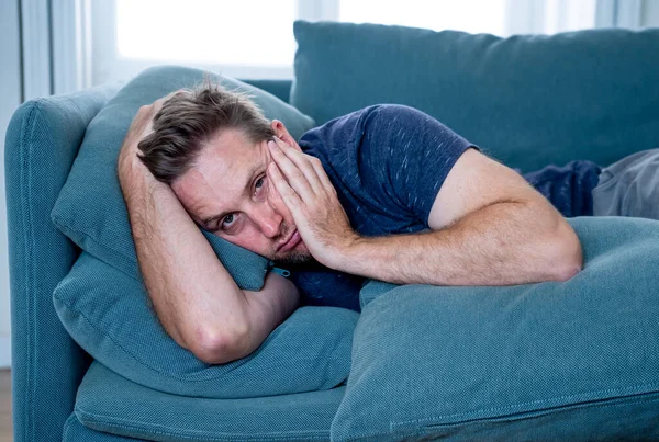 Unhappy Depressed Caucasian Male Crying Living Room Couch Feeling Desperate — Stock Photo, Image