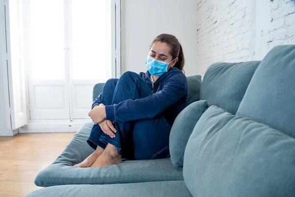 Sad Latin Woman Protective Face Mask Home Living Room Couch — Stock Photo, Image