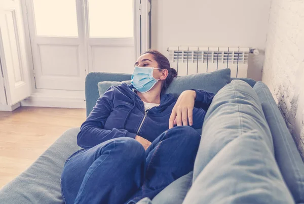 Sad Latin Woman Protective Face Mask Home Living Room Couch — Stock Photo, Image