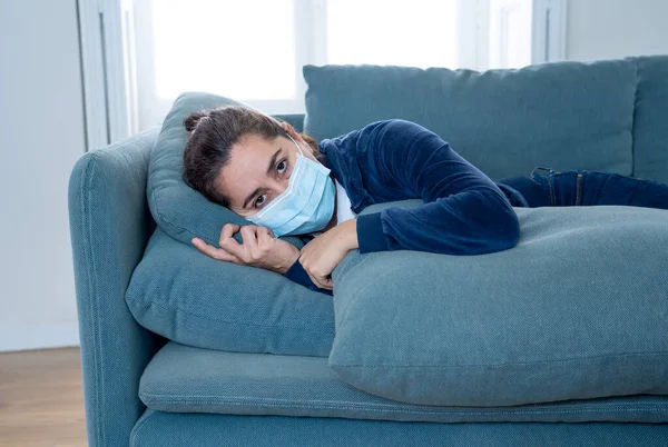 Sad Latin Woman Protective Face Mask Home Living Room Couch — Stock Photo, Image