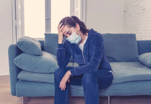 Sad Latin Woman Protective Face Mask Home Living Room Couch — Stock Photo, Image