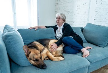 Bunalımlı yaşlı kadın evcil bir köpekle kanepede ağlıyordu. COVID-19 salgınının ortasında üzgün ve yorgun bir dul. Coronavirus ölümü, tecrit, sosyal uzaklık ve zihinsel sağlık.