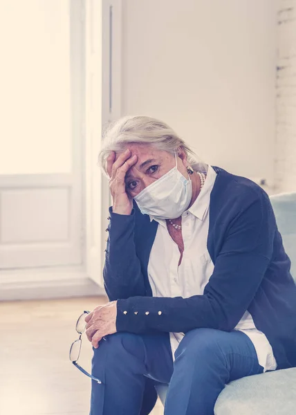 Lonely Depressed Senior Widow Woman Protective Mask Crying Couch Isolated — Stock Photo, Image