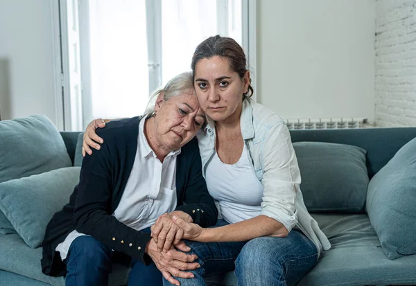 Depressed Senior Mother Daughter Embracing Each Other Grieving Loss Loved — Stock Photo, Image