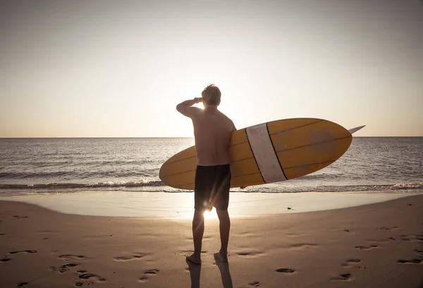 Attraktiv Australisk Mogen Surfare Med Cool Vintage Surfbräda Stranden Vid — Stockfoto