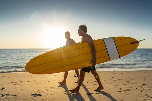 Two Mature Men Walking Surfboards Beautiful Beach Enjoying Paradise Retirement — Stock Photo, Image