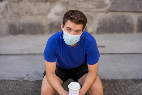Covid Outbreak Young Man Walking City Street Wearing Protective Surgical — Stock Photo, Image