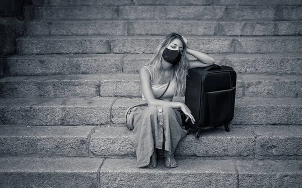 Worried Tourist Woman Luggage Wearing Protective Face Mask Distressed Self Stock Photo