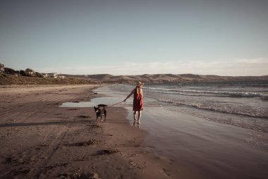 Güzel, olgun bir kadın ve evcil bir köpek uzak, boş bir sahilde deniz kıyısında yürüyor. Emeklilik yaşam tarzını ve köpek dostu turizmi devam ettiren hayvanların Arkadaşlık Yararları.