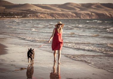 Güzel, olgun bir kadın ve evcil bir köpek uzak, boş bir sahilde deniz kıyısında yürüyor. Emeklilik yaşam tarzını ve köpek dostu turizmi devam ettiren hayvanların Arkadaşlık Yararları.