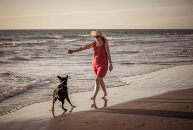 Güzel, olgun bir kadın ve evcil bir köpek uzak, boş bir sahilde deniz kıyısında yürüyor. Emeklilik yaşam tarzını ve köpek dostu turizmi devam ettiren hayvanların Arkadaşlık Yararları.