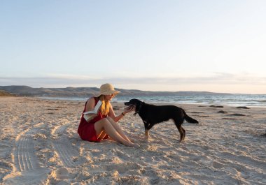 Güzel, olgun bir kadın ve evcil bir köpek uzak, boş bir sahilde deniz kıyısında yürüyor. Emeklilik yaşam tarzını ve köpek dostu turizmi devam ettiren hayvanların Arkadaşlık Yararları.