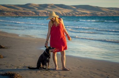 Güzel, olgun bir kadın ve evcil bir köpek uzak, boş bir sahilde deniz kıyısında yürüyor. Emeklilik yaşam tarzını ve köpek dostu turizmi devam ettiren hayvanların Arkadaşlık Yararları.