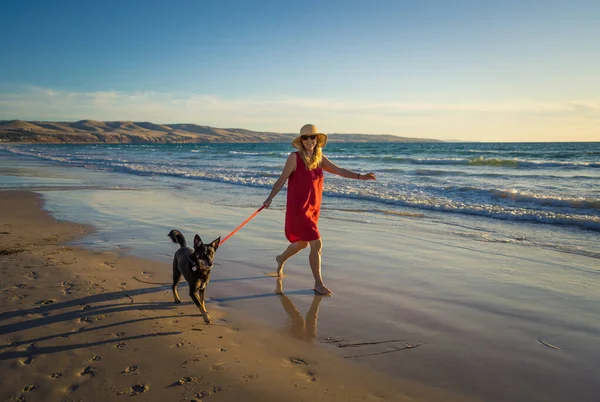 Mulher Madura Bonita Cão Estimação Fora Trela Andando Longo Costa — Fotografia de Stock