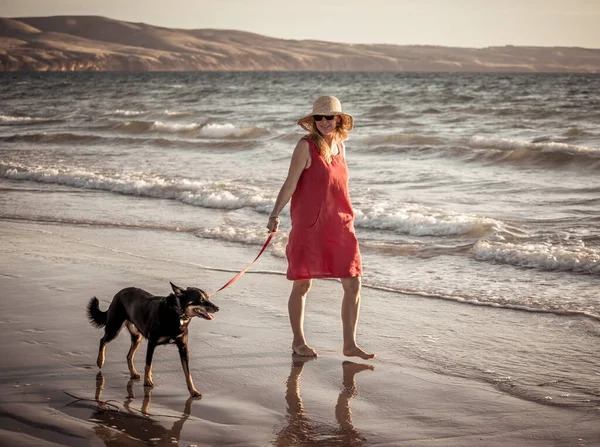 Beautiful Mature Woman Pet Dog Leash Walking Sea Shore Remote — Stock Photo, Image