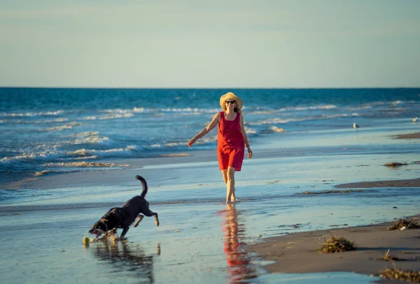 Beautiful Mature Woman Pet Dog Leash Walking Sea Shore Remote — Stock Photo, Image