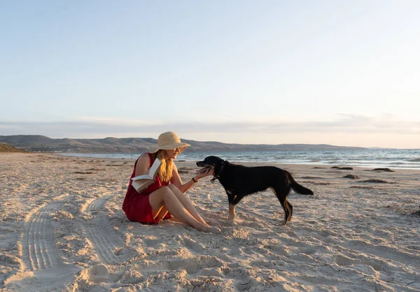 Beautiful Mature Woman Pet Dog Leash Walking Sea Shore Remote — Stock Photo, Image