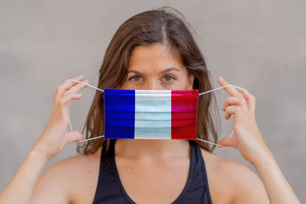 Coronavirus Outbreak France Worldwide Health Crisis Woman Wearing French Flag — Stock Photo, Image