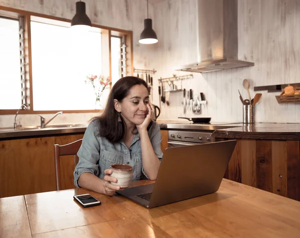 Happy successful woman on laptop working from home. Freelancer or employee in video conference virtual meeting working remotely in COVID-19 lockdown, social distancing and New normal concept.