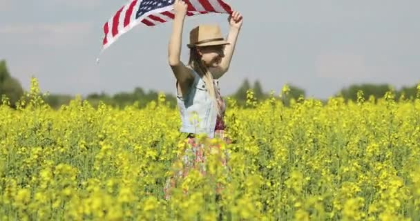 Μια ενήλικη γυναίκα με αμερικανική σημαία με στύλο, αστέρια . — Αρχείο Βίντεο