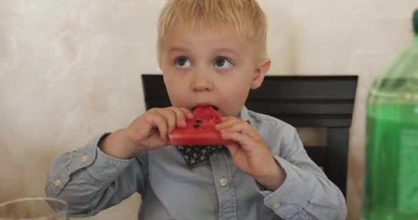 Een jongetje in een vlinder houdt een watermeloen in zijn handen en eet. — Stockvideo