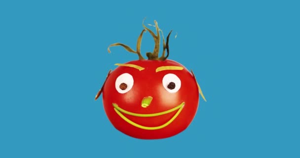 Taze bir domatesin yüzü mavi bir arka planda döner.. — Stok video