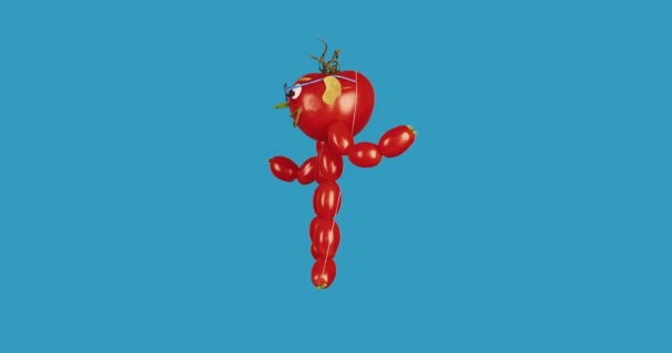 Joyeux homme de tomate dans des lunettes danse sur un fond bleu. spectacle de marionnettes. — Video
