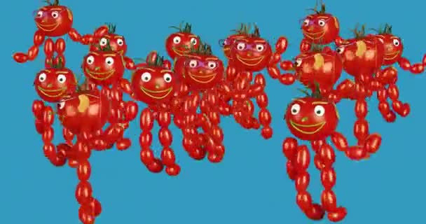 Fiesta de marionetas. Tomates vibrantes pequeños hombres bailando sobre un fondo azul. — Vídeo de stock