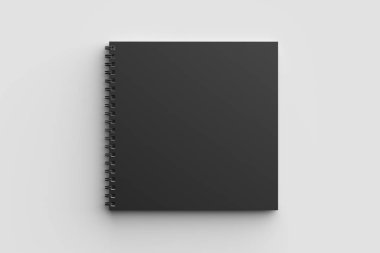 Spiral cilt kare defter izole yumuşak gri arka plan üzerinde siyah kapaklı sahte. 3D çizim