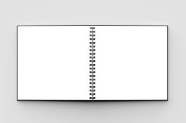Spiral cilt kare defter izole yumuşak gri arka plan üzerinde siyah kapaklı sahte. 3D çizim