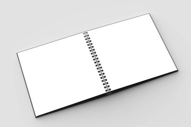Spiral cilt kare defter izole yumuşak gri arka plan üzerinde siyah kapaklı sahte. 3D çizim