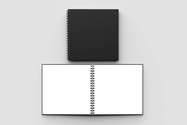 Spiral cilt kare defter izole yumuşak gri arka plan üzerinde siyah kapaklı sahte. 3D çizim