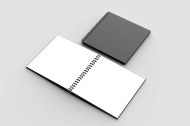 Spiral cilt kare defter izole yumuşak gri arka plan üzerinde siyah kapaklı sahte. 3D çizim