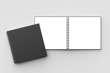 Spiral cilt kare defter izole yumuşak gri arka plan üzerinde siyah kapaklı sahte. 3D çizim