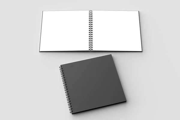 Spiral binder square notebook mock up with black cover isolated on soft gray background. 3D illustration