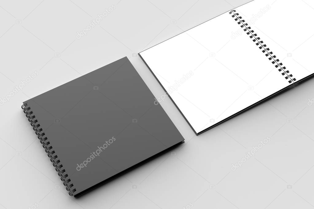 Spiral binder square notebook mock up with black cover isolated on soft gray background. 3D illustration