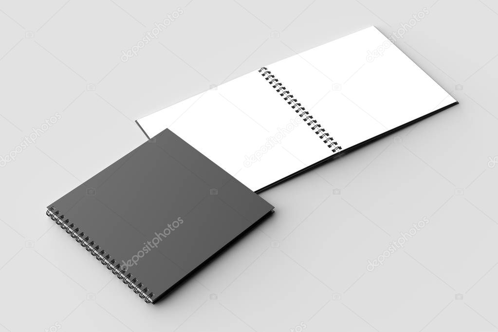 Spiral binder square notebook mock up with black cover isolated on soft gray background. 3D illustration