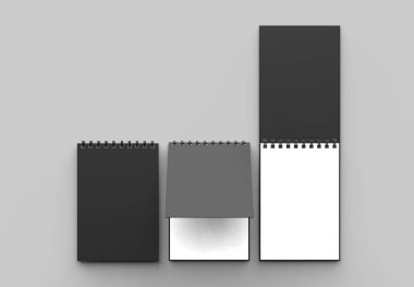Spiral cilt defter siyah kapak ile alay kadar üzerinde izole yumuşak gri arka plan. 3D çizim