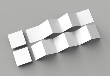 12 sayfa belgesi, 6 panel akordiyon kat - Z katlayın kare broşür sahte gri arka plan üzerinde izole. 3D çizim