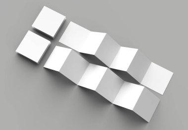 12 sayfa belgesi, 6 panel akordiyon kat - Z katlayın kare broşür sahte gri arka plan üzerinde izole. 3D çizim