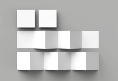 12 sayfa belgesi, 6 panel akordiyon kat - Z katlayın kare broşür sahte gri arka plan üzerinde izole. 3D çizim