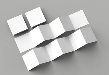 12 sayfa belgesi, 6 panel akordiyon kat - Z katlayın kare broşür sahte gri arka plan üzerinde izole. 3D çizim