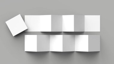 12 sayfa belgesi, 6 panel akordiyon kat - Z katlayın kare broşür sahte gri arka plan üzerinde izole. 3D çizim