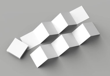 12 sayfa belgesi, 6 panel akordiyon kat - Z katlayın kare broşür sahte gri arka plan üzerinde izole. 3D çizim