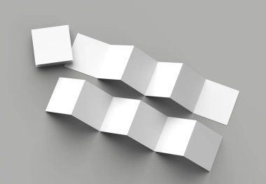 12 sayfa belgesi, 6 panel akordiyon kat - Z katlayın kare broşür sahte gri arka plan üzerinde izole. 3D çizim