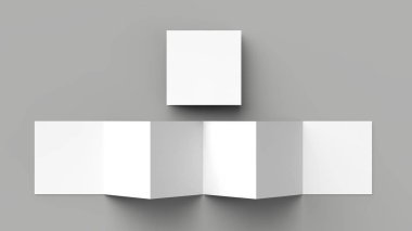 12 sayfa belgesi, 6 panel akordiyon kat - Z katlayın kare broşür sahte gri arka plan üzerinde izole. 3D çizim