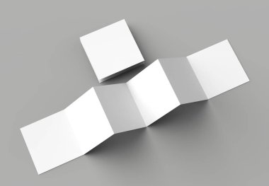 12 sayfa belgesi, 6 panel akordiyon kat - Z katlayın kare broşür sahte gri arka plan üzerinde izole. 3D çizim